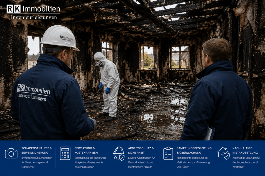 Brandschaden in einem Wohngebäude mit stark verrußten und ausgebrannten Räumen. Ein Bausachverständiger bewertet gemeinsam mit Fachkräften den Schaden und begleitet die sichere Sanierung unter Berücksichtigung des Arbeitsschutzes und der SiGeKo-Anforderungen.