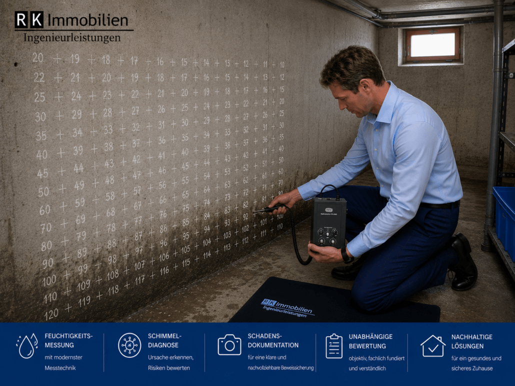 Bausachverständiger bei der Feuchtemessung einer Kellerwand mit GANN Hydromette RTU 600. Das Messraster an der Wand dokumentiert aufsteigende Feuchtigkeit und dient der professionellen Schadensanalyse sowie Beweissicherung bei Feuchtigkeitsschäden im Mauerwerk.
