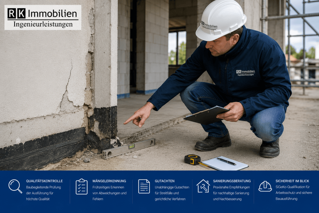 Bausachverständiger prüft Baumängel an einem Neubau. Sichtbare Ausführungsmängel an der Gebäudeabdichtung und Fassade werden dokumentiert und bewertet. Unabhängige Qualitätskontrolle der Bauausführung in Düren und Umgebung.