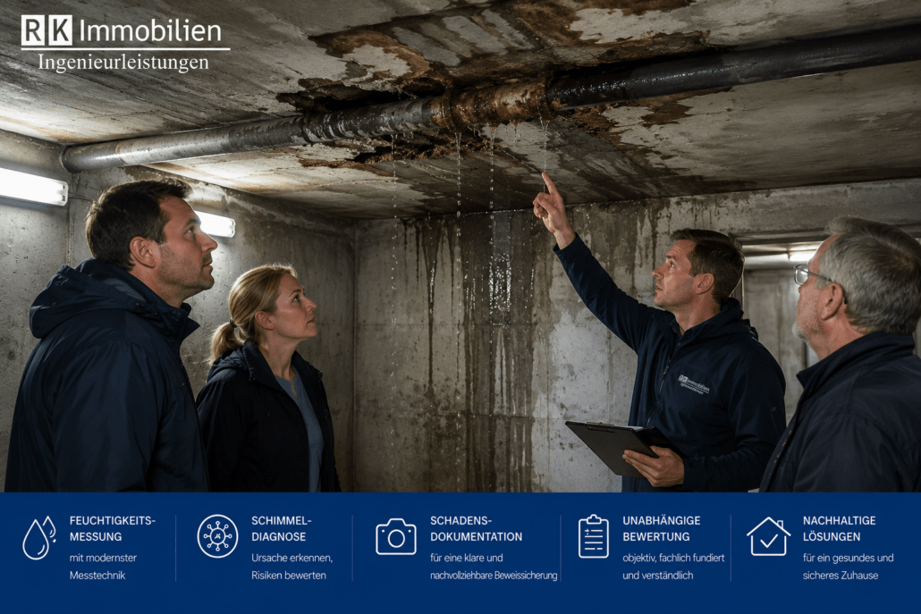 Leitungswasserschaden in einem Gebäudekeller: Aus einer beschädigten Rohrleitung im Deckenschacht tritt Wasser aus. Ein Bausachverständiger dokumentiert gemeinsam mit Eigentümer und Beteiligten den Schaden zur Ursachenanalyse und Beweissicherung.