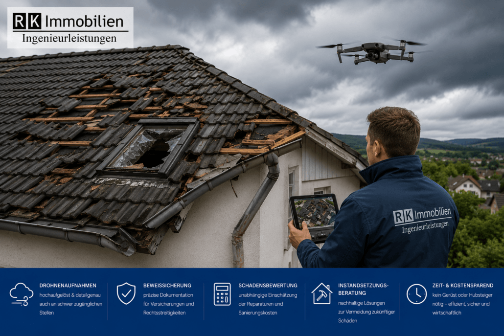 Sturmschaden an einem Wohnhaus: Beschädigtes Dach mit fehlenden Dachziegeln und zerstörtem Dachfenster. Ein Bausachverständiger dokumentiert den Schaden mithilfe einer Drohne zur Beweissicherung und Begutachtung für die Versicherung.