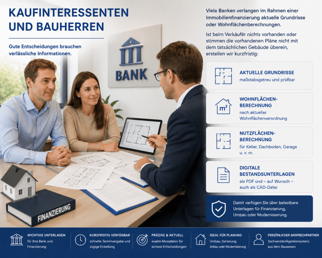 Finanzierungsgespräch bei einer Bank mit Kaufinteressenten. Digitale Grundrisse, Wohnflächenberechnung und Bestandsunterlagen bilden die Grundlage für eine sichere Immobilienfinanzierung, Modernisierung oder Umbauplanung.