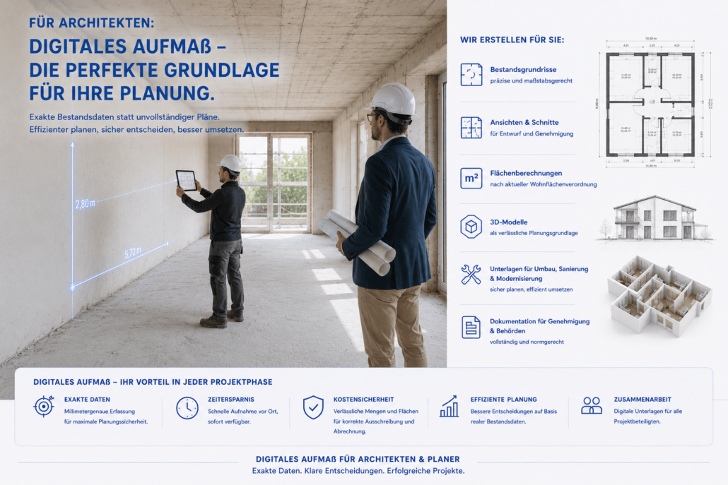 Digitales Aufmaß für Architekten auf der Baustelle: Ein Mitarbeiter erfasst mit einem Tablet präzise Wandmaße, während ein Architekt die Vermessung begleitet. Aus den Messdaten entstehen exakte Bestandsgrundrisse, Ansichten, Schnitte, Flächenberechnungen und Planungsunterlagen für Umbau, Sanierung und Ausschreibung.