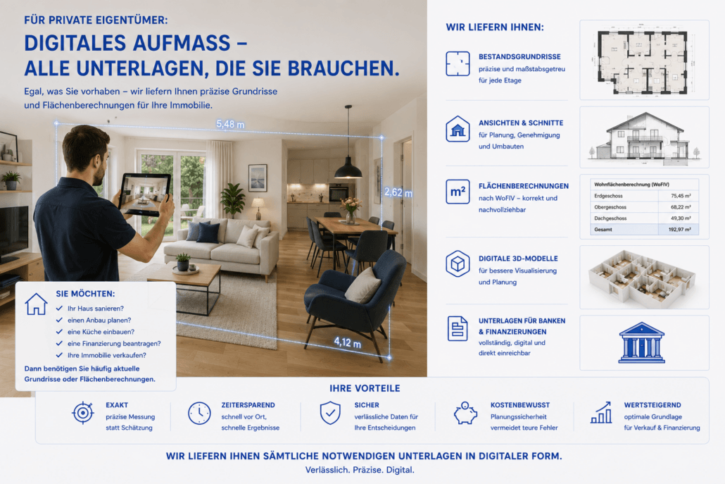 Digitales Aufmaß für private Eigentümer: Eine vollständig eingerichtete Wohnimmobilie wird mit einem Tablet digital vermessen. Das Aufmaß liefert präzise Grundrisse, Flächenberechnungen und Bestandsunterlagen für Sanierungen, Anbauten, Küchenplanung, Immobilienverkauf und Finanzierungen.