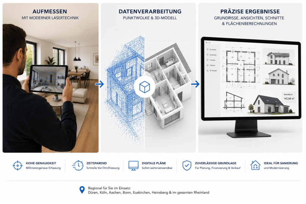 Digitales Aufmaß eines Einfamilienhauses mit 3D-Laserscanner – Erstellung von Bestandsplänen, Grundrissen, Ansichten, Schnitten und Flächenberechnungen für Sanierung, Verkauf und Finanzierung.