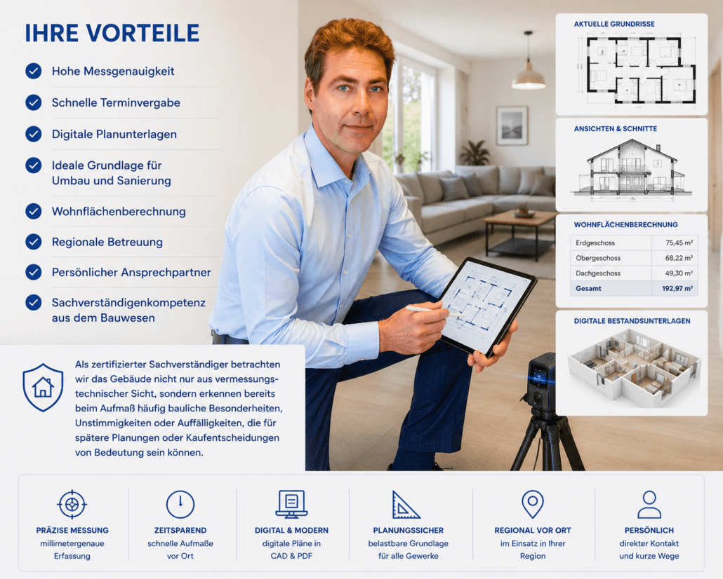 Zertifizierter Bausachverständiger präsentiert die Vorteile eines digitalen Aufmaßes mit Tablet und digitalen Bestandsplänen. Präzise Gebäudeerfassung, Wohnflächenberechnung und digitale Planunterlagen für Eigentümer, Hausverwaltungen, Architekten, Immobilienmakler sowie Kaufinteressenten und Banken.