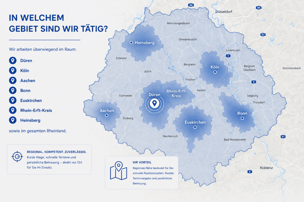 Karte des Einsatzgebiets von RK Immobilien Ingenieurleistungen für digitale Aufmaße. Das Rheinland ist farblich hervorgehoben, der Unternehmensstandort Düren ist besonders markiert. Weitere Einsatzgebiete sind Köln, Aachen, Bonn, Euskirchen, Rhein-Erft-Kreis und Heinsberg.