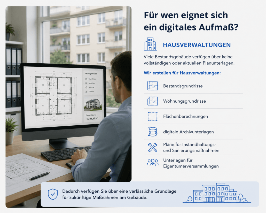 Digitales Aufmaß mit 3D-Laserscan für Hausverwaltungen, Architekten, Immobilienmakler und private Eigentümer – Erstellung präziser Bestandspläne, Grundrisse, Ansichten, Schnitte und Flächenberechnungen als Grundlage für Sanierung, Verkauf und Finanzierung.
