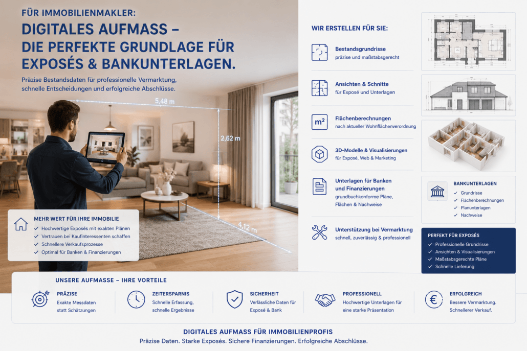 Digitales Aufmaß für Immobilienmakler: Ein Mitarbeiter erfasst eine vollständig eingerichtete Immobilie mit einem Tablet. Aus den Messdaten entstehen professionelle Grundrisse, Flächenberechnungen und Bestandspläne für hochwertige Exposés, Immobilienbewertungen und Finanzierungsunterlagen.