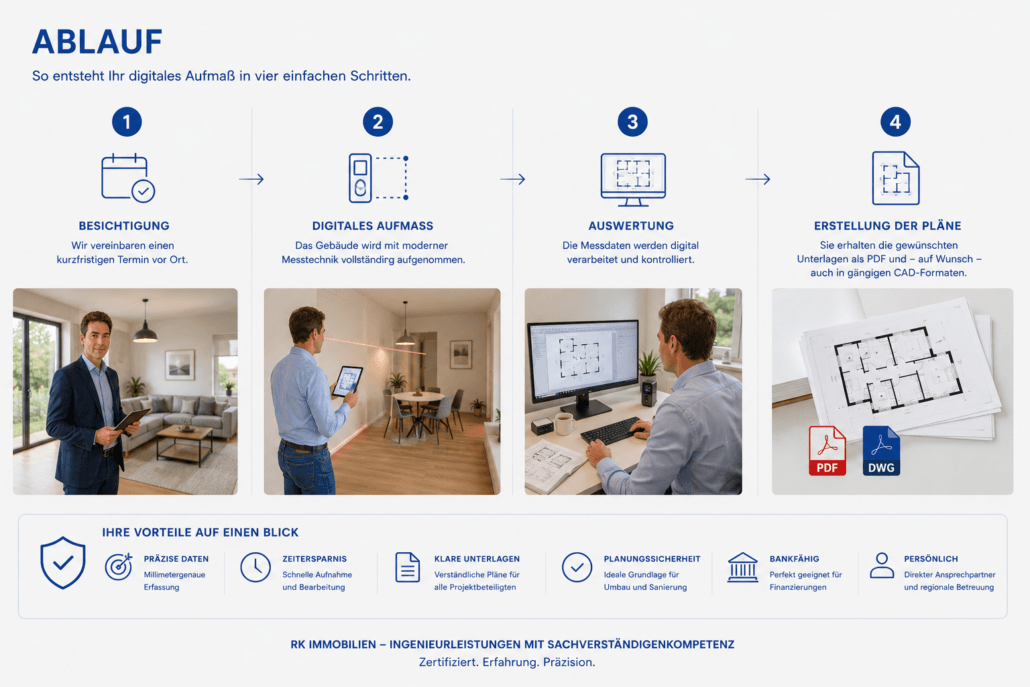 Infografik zum Ablauf eines digitalen Aufmaßes: Vom Ortstermin über die digitale Gebäudeerfassung und Auswertung bis zur Erstellung präziser Bestandspläne als PDF oder CAD. Ideal für Eigentümer, Hausverwaltungen, Architekten und Immobilienmakler.