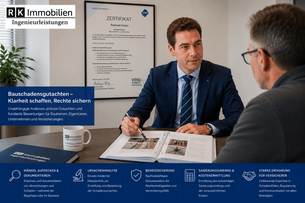 Persönliche Besprechung eines Bauschadensgutachtens mit einem zertifizierten Bausachverständigen in Düren. Das Gutachten wird gemeinsam mit dem Kunden erläutert und dient als Grundlage zur Bewertung von Baumängeln, Bauschäden und Versicherungsfällen.